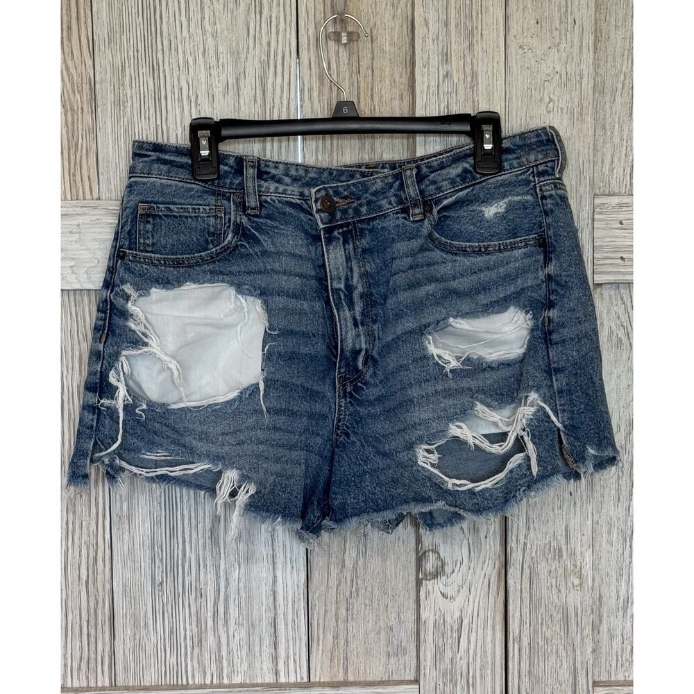 American Eagle Jean Shorts Women's 14 Strigid Distressed Cutoff Medium Wash Read